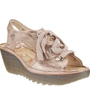 Fly London YLFA Luna Wedge Sandal Metallic Blush Pink Tinted Tan Gold 38…
